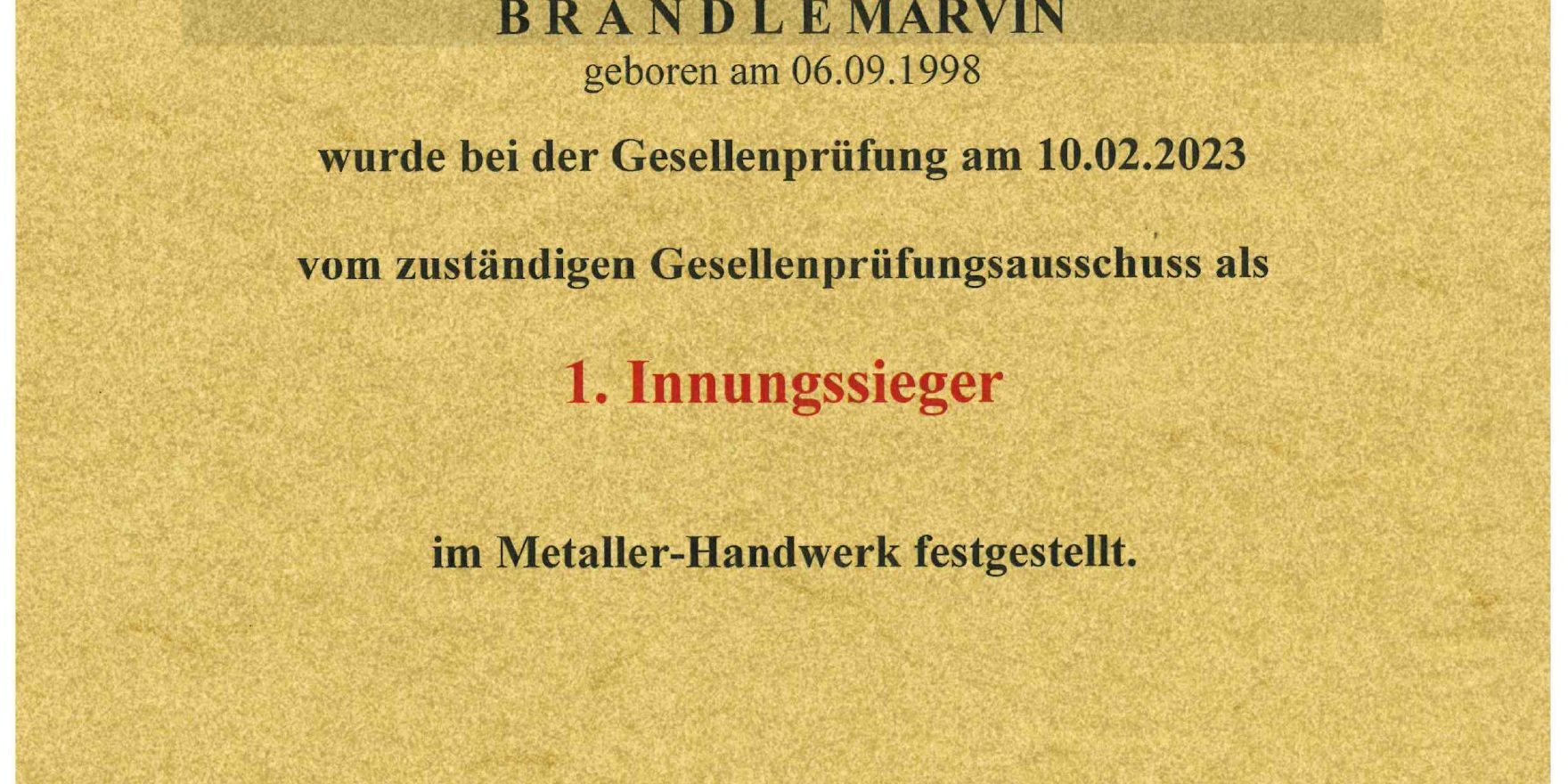 Urkunde Innungssieger